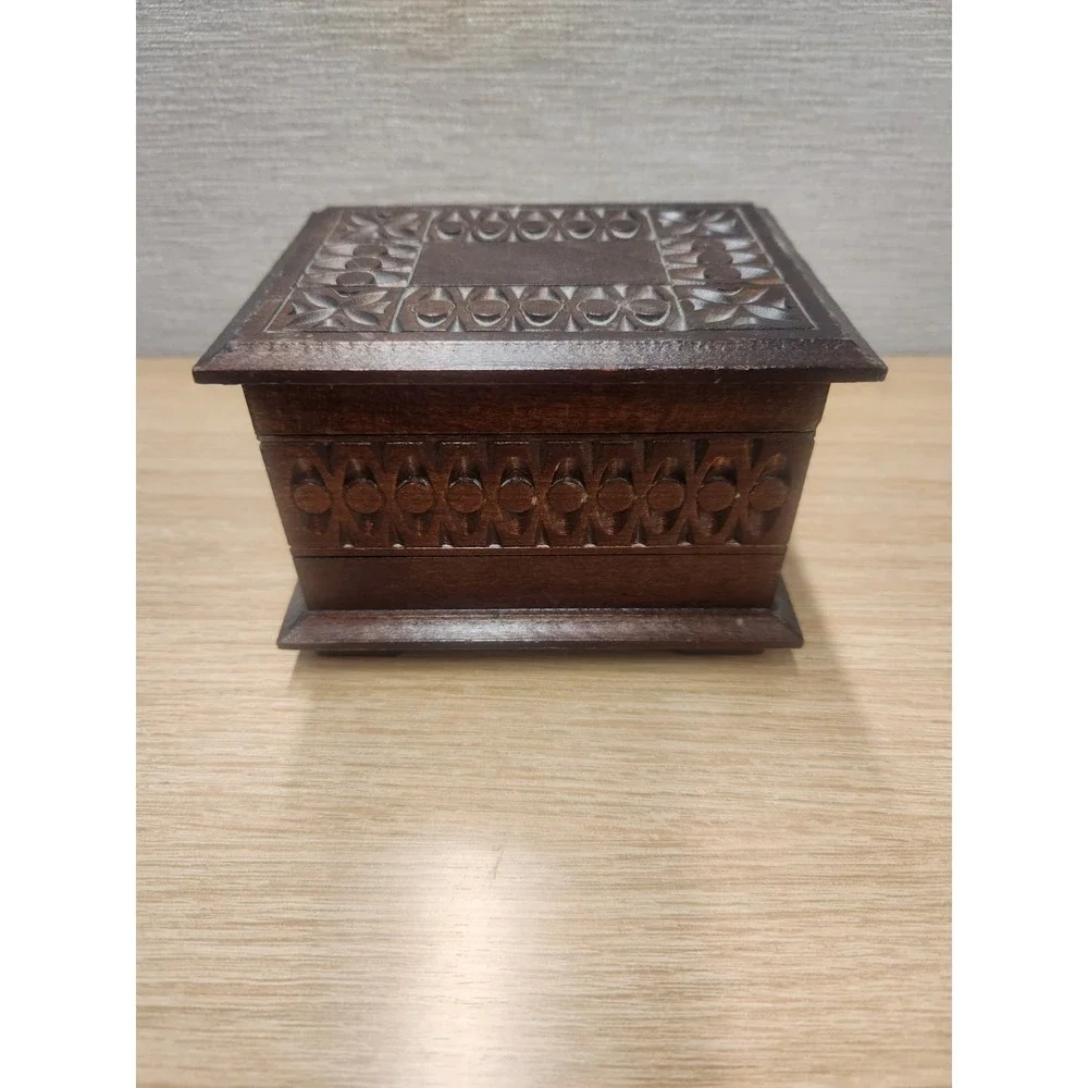 Vintage Hand Carved Wood Double Secret Compartment Hinged Trinket Or Jewelry Box